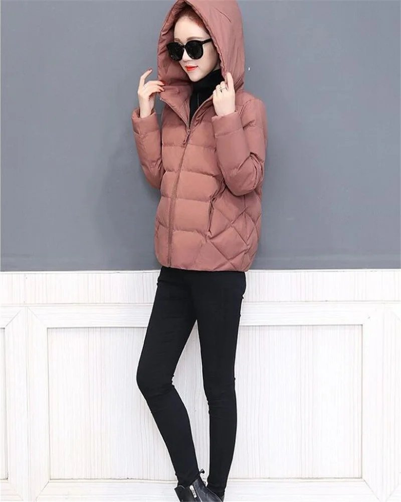 Short Hooded Cotton Jacket Women Parka Coats Autumn Winter Windproof Warm Outwear Solid color Padded  4XL 5XL Zip Cotton Jacket
