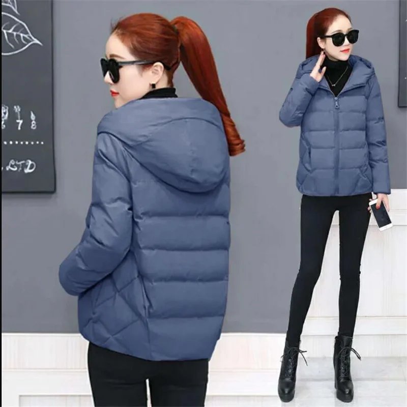 Short Hooded Cotton Jacket Women Parka Coats Autumn Winter Windproof Warm Outwear Solid color Padded  4XL 5XL Zip Cotton Jacket