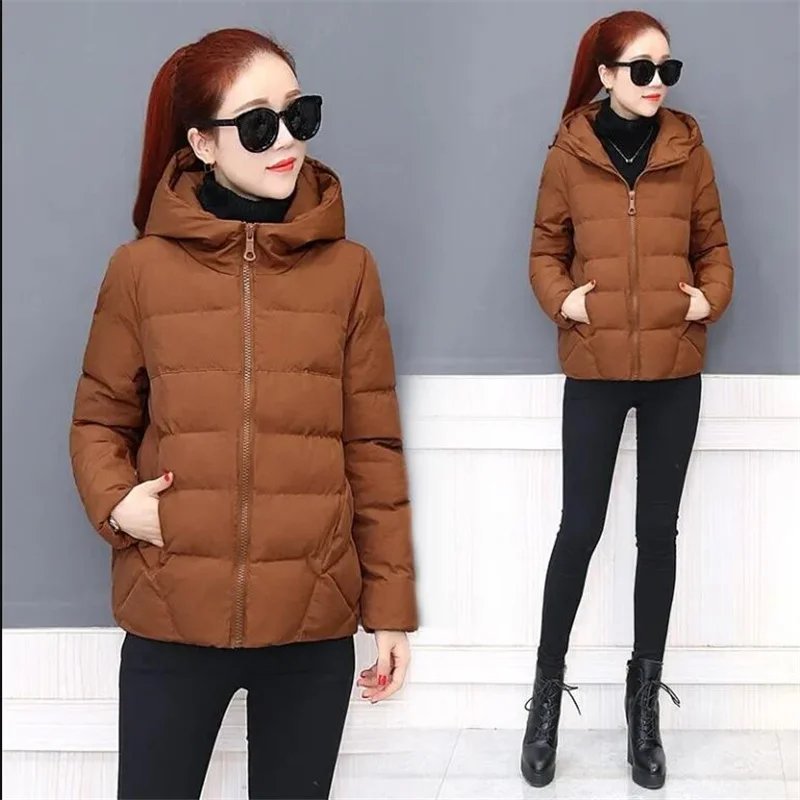 Short Hooded Cotton Jacket Women Parka Coats Autumn Winter Windproof Warm Outwear Solid color Padded  4XL 5XL Zip Cotton Jacket