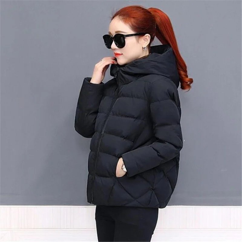 Short Hooded Cotton Jacket Women Parka Coats Autumn Winter Windproof Warm Outwear Solid color Padded  4XL 5XL Zip Cotton Jacket