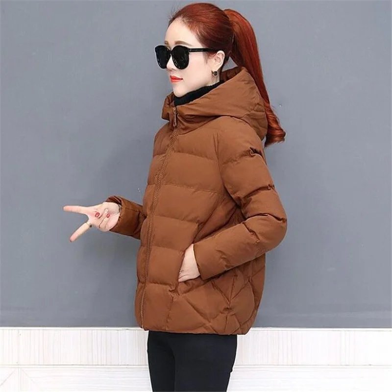 Short Hooded Cotton Jacket Women Parka Coats Autumn Winter Windproof Warm Outwear Solid color Padded  4XL 5XL Zip Cotton Jacket