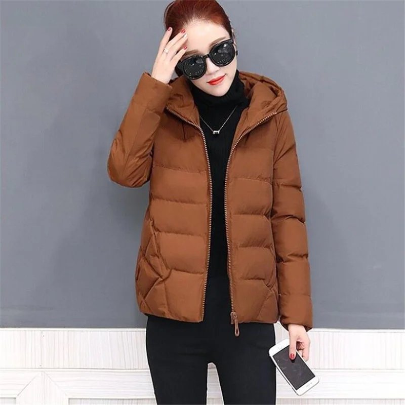 Short Hooded Cotton Jacket Women Parka Coats Autumn Winter Windproof Warm Outwear Solid color Padded  4XL 5XL Zip Cotton Jacket