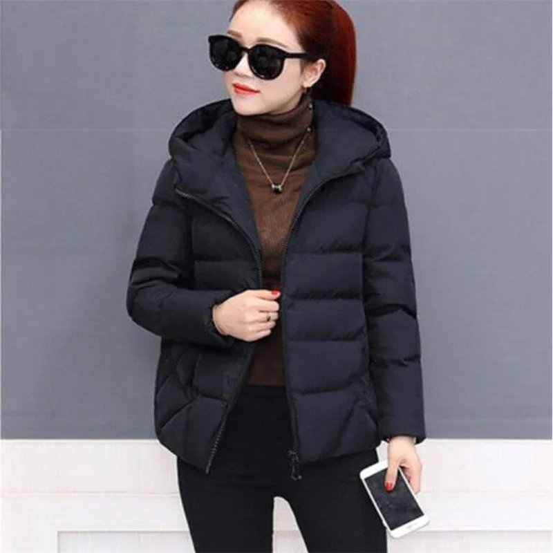 Short Hooded Cotton Jacket Women Parka Coats Autumn Winter Windproof Warm Outwear Solid color Padded  4XL 5XL Zip Cotton Jacket