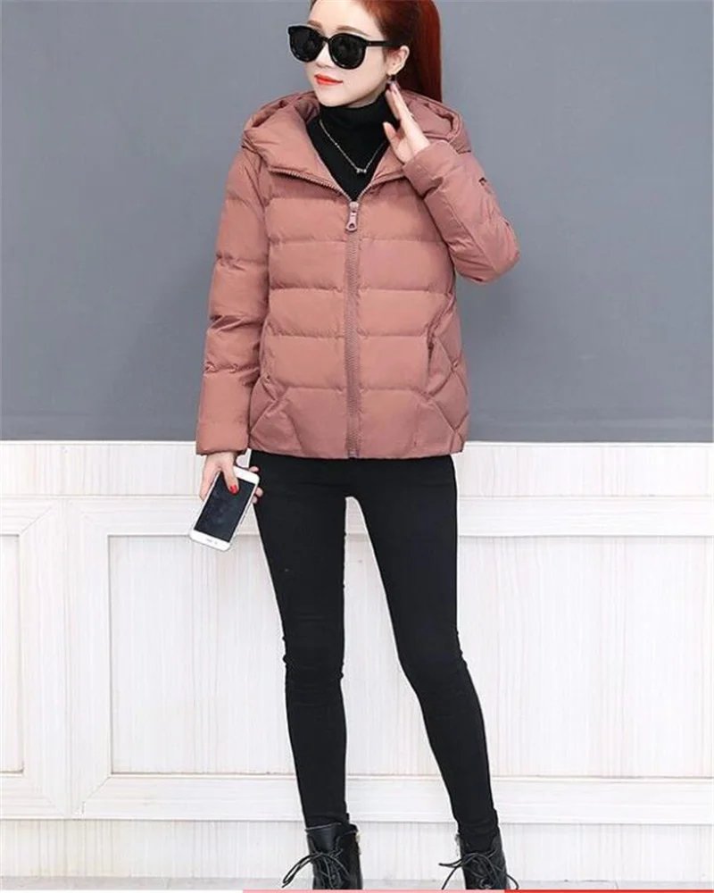 Short Hooded Cotton Jacket Women Parka Coats Autumn Winter Windproof Warm Outwear Solid color Padded  4XL 5XL Zip Cotton Jacket