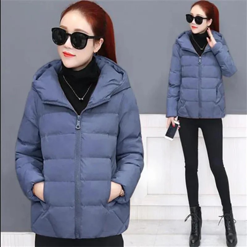 Short Hooded Cotton Jacket Women Parka Coats Autumn Winter Windproof Warm Outwear Solid color Padded  4XL 5XL Zip Cotton Jacket