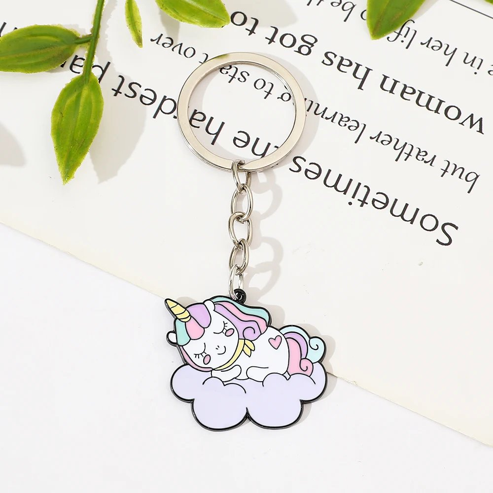 Kawaii Unicorn Cartoon Metal Keychain for Women Girls Pendant Car Key Holder Mobile Phone Bag Hanging Accessory