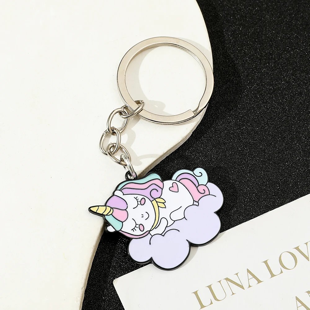 Kawaii Unicorn Cartoon Metal Keychain for Women Girls Pendant Car Key Holder Mobile Phone Bag Hanging Accessory