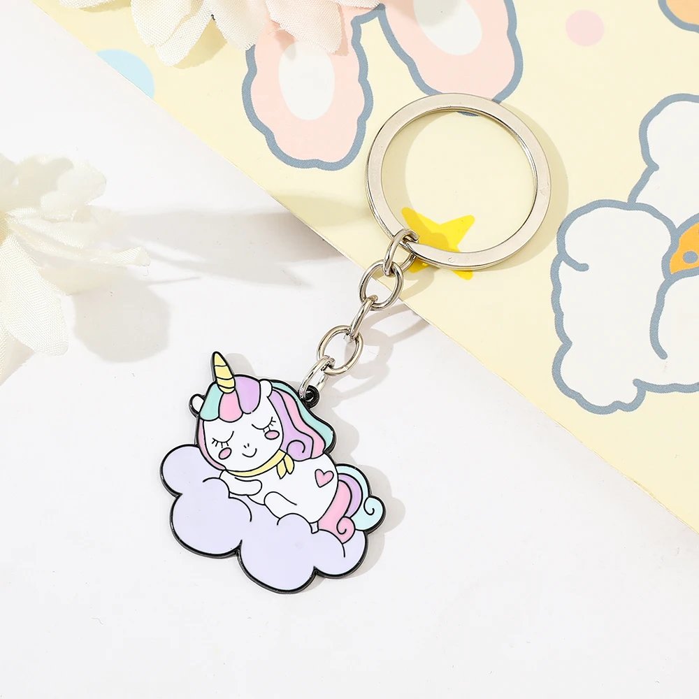 Kawaii Unicorn Cartoon Metal Keychain for Women Girls Pendant Car Key Holder Mobile Phone Bag Hanging Accessory