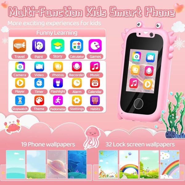 Kids Smart Phone for Girls, Toddler Toys for 3-10, Touchscreen HD Dual Camera Kids Toys Phone for with Music Player, Games, 16GB SD Card, Christmas Birthday Gifts, Pretend Play Smartphone for Kids - Image 2
