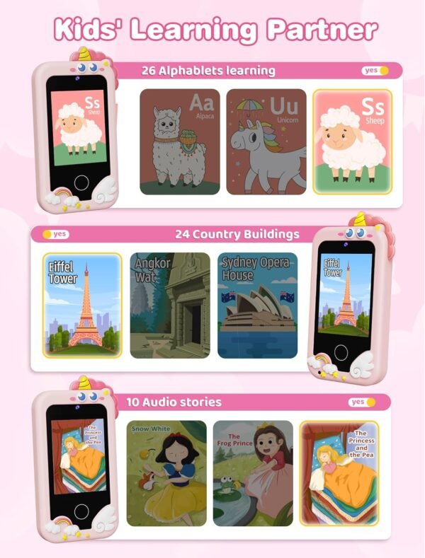 Kikidex Kids Smart Phone for Girls, Perfect Christmas Birthday Gifts for 3-10 Year Old Kids, Touchscreen Learning Play Toy Smartphone with Dual Camera, Puzzle Game, Music Player (Pink) - Image 4