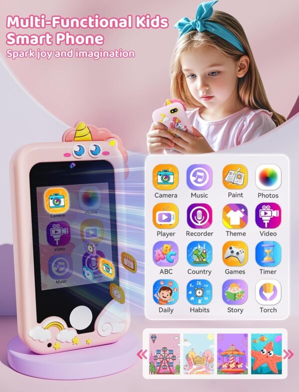 Kikidex Kids Smart Phone for Girls, Perfect Christmas Birthday Gifts for 3-10 Year Old Kids, Touchscreen Learning Play Toy Smartphone with Dual Camera, Puzzle Game, Music Player (Pink) - Image 2