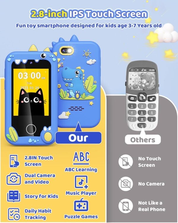 Kids Toy Smartphone, Gifts and Toys for Girls Boys Ages 3-8 Years Old, Fake Play Dinosaur Toy Phone Music Dual Camera Games, Birthday - Image 5