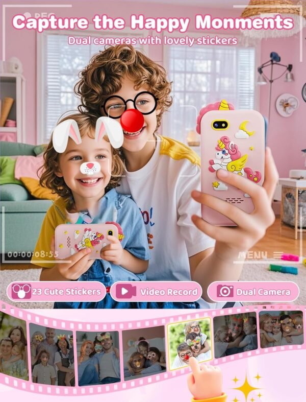 Kikidex Kids Smart Phone for Girls, Perfect Christmas Birthday Gifts for 3-10 Year Old Kids, Touchscreen Learning Play Toy Smartphone with Dual Camera, Puzzle Game, Music Player (Pink) - Image 3
