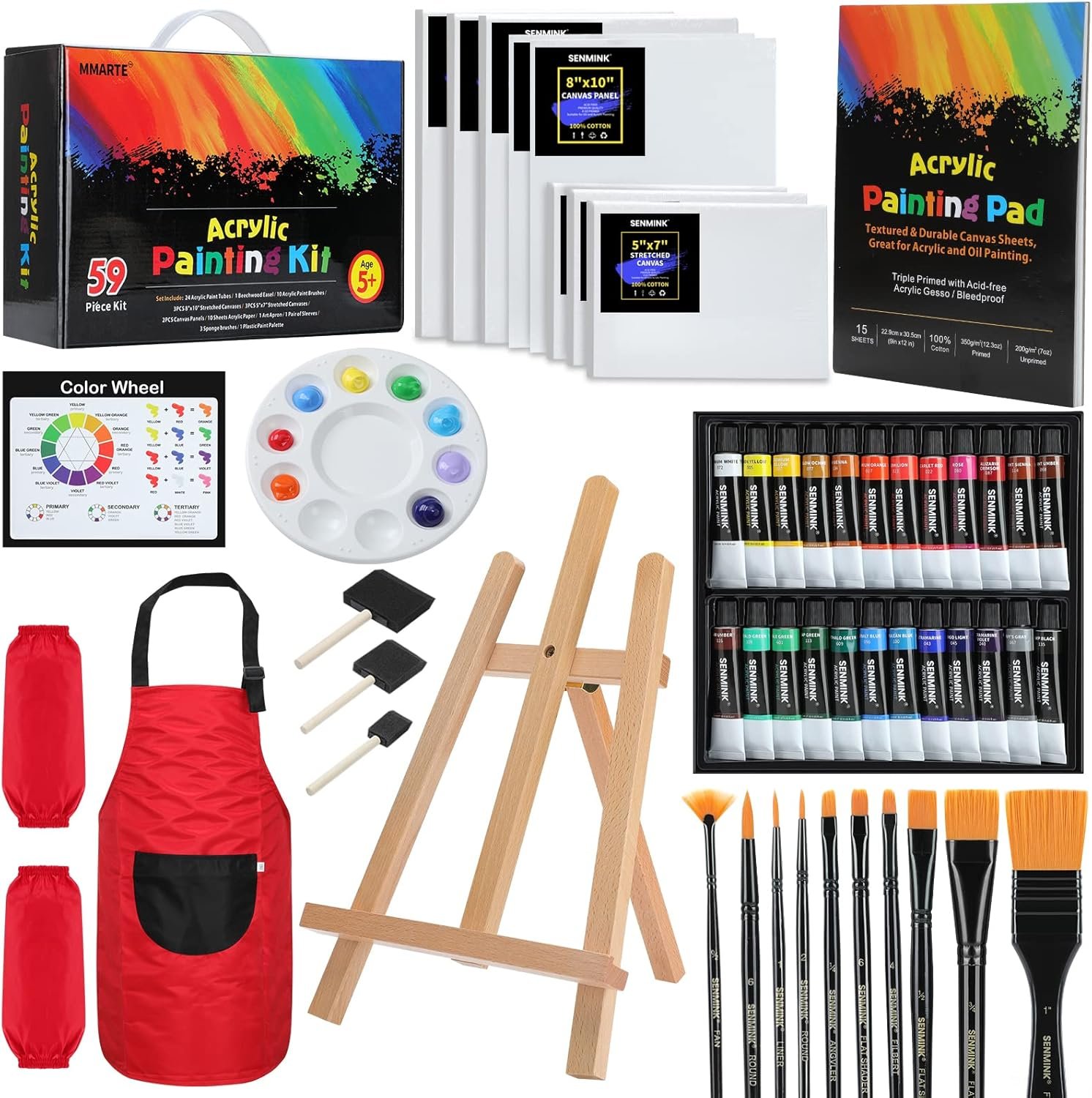 MMARTE 59pcs Acrylic Paint Set - Art Supplies Kit With 24 Non-Toxic Paints, Easel, Brushes, Canvas for Kids, Artists and Beginners