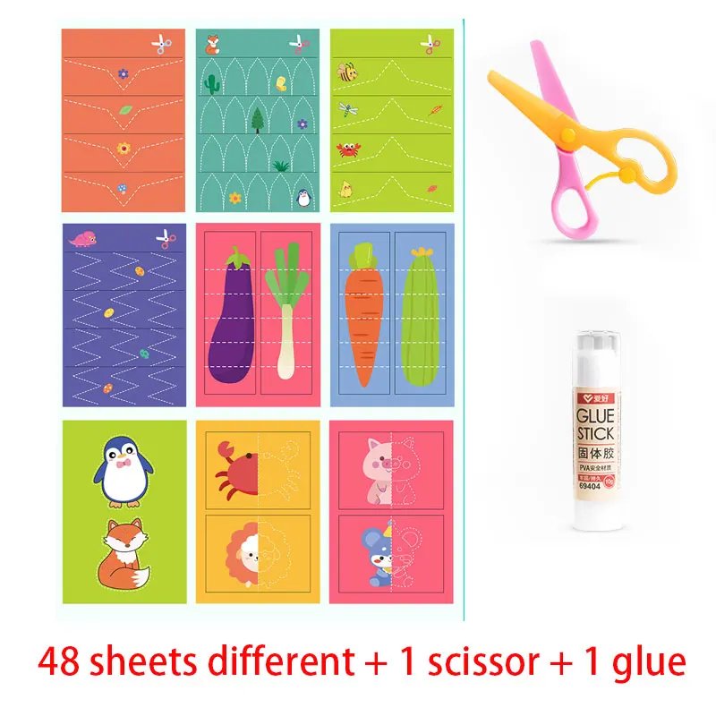Preschool Cutting Pasting Cut Lines Fruits Animals Paper Projects Kids Learn Scissor Skills Activity Book & Safe Scissors