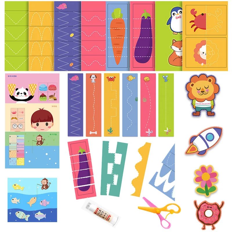 Preschool Cutting Pasting Cut Lines Fruits Animals Paper Projects Kids Learn Scissor Skills Activity Book & Safe Scissors