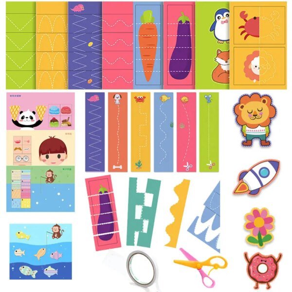 Preschool Cutting Pasting Cut Lines Fruits Animals Paper Projects Kids Learn Scissor Skills Activity Book & Safe Scissors