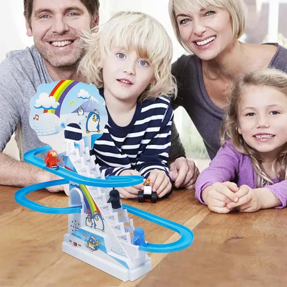 Parent-Child Interaction Puzzle Kids Toy Penguin Slide Electric Railcar With Music Fun Penguin Climbing Stairs Toys For Children