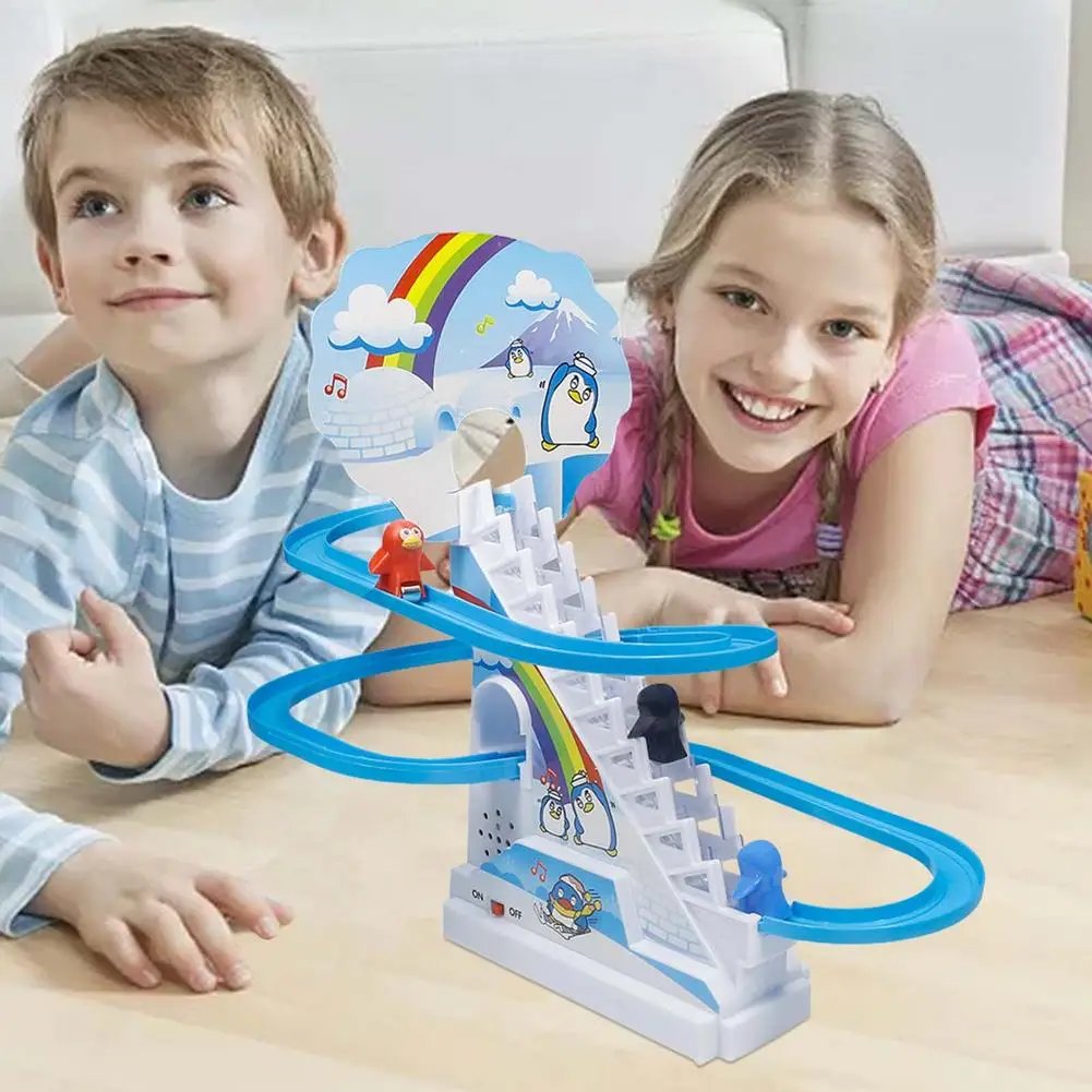 Parent-Child Interaction Puzzle Kids Toy Penguin Slide Electric Railcar With Music Fun Penguin Climbing Stairs Toys For Children
