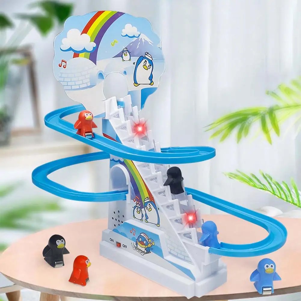Parent-Child Interaction Puzzle Kids Toy Penguin Slide Electric Railcar With Music Fun Penguin Climbing Stairs Toys For Children
