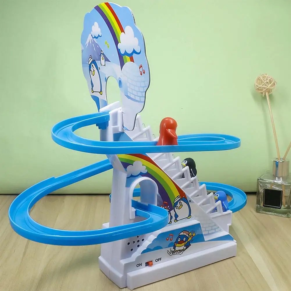Parent-Child Interaction Puzzle Kids Toy Penguin Slide Electric Railcar With Music Fun Penguin Climbing Stairs Toys For Children