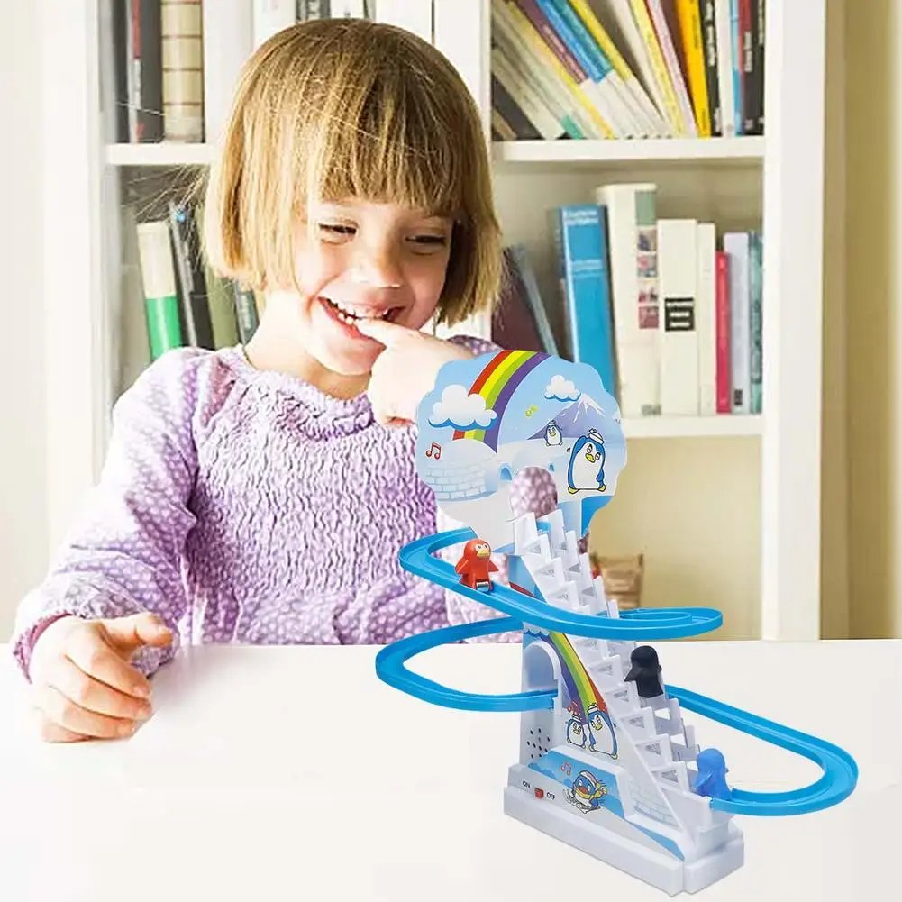 Parent-Child Interaction Puzzle Kids Toy Penguin Slide Electric Railcar With Music Fun Penguin Climbing Stairs Toys For Children