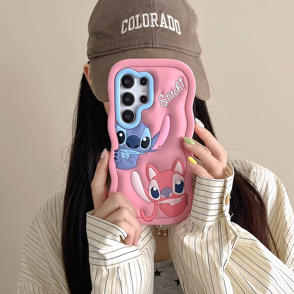 For Samsung Galaxy S24 Ultra S23 S25 Plus S22 S21 A16 A15 A53 A14 A54 A31 A55 Pink Stitch Cartoon Silicon Wave Soft Phone Case